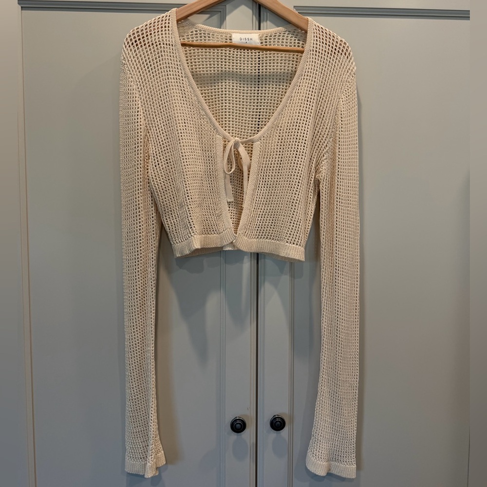 DISSH Cream Open-Weave Tie-Front Cropped Cardigan
